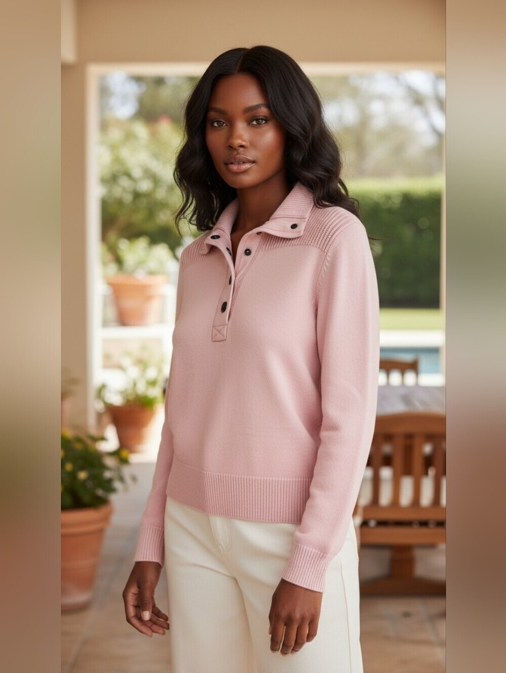Lauren Ralph Lauren Pink Cotton Henley Pullover Sweater Gold Buttons Ribbed M